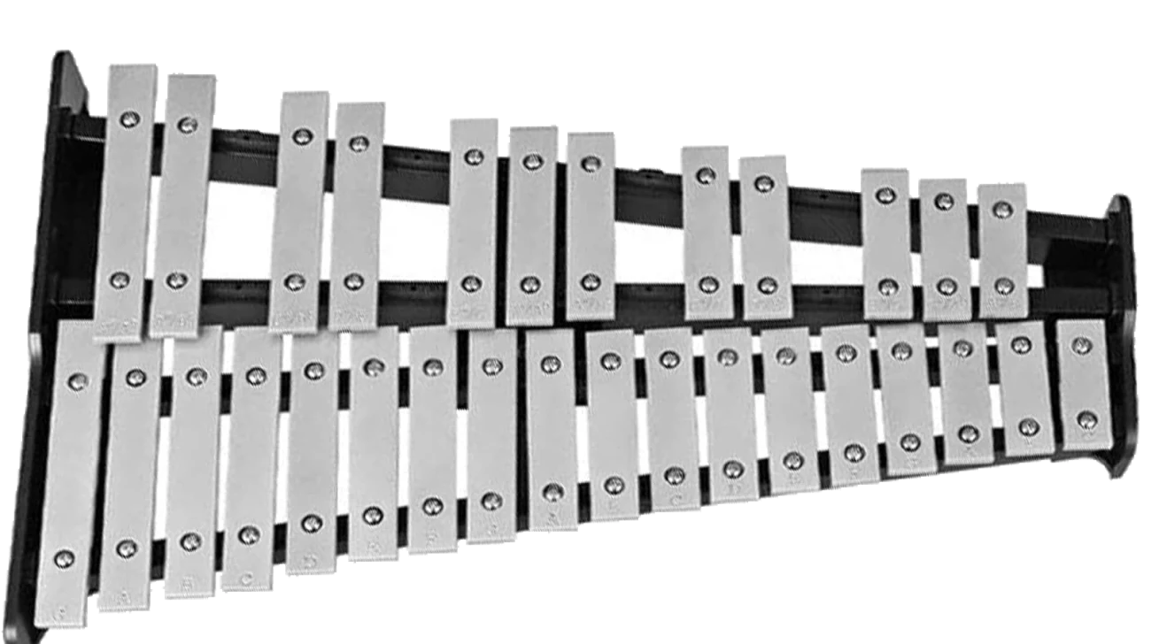 Glockenspiel with steel bars in its case